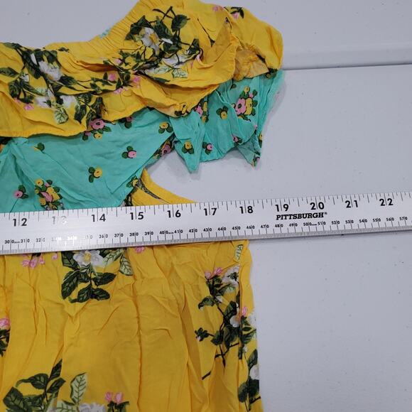 Matilda Jane Dress Women Small Yellow Floral Off Shoulder Ruffle Hem Aqua Boho - Picture 7 of 8